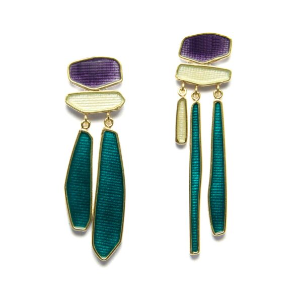 Deco drop earrings in silver gold and enamel